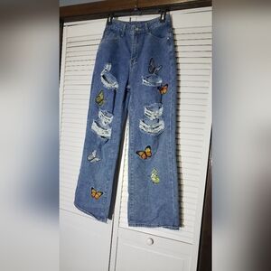 Butterfly Distressed High Rise Flare Jeans Small
